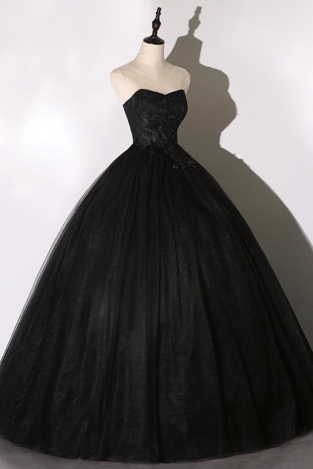 Vestido largo de encaje negro con corte A y corte formal Y1295