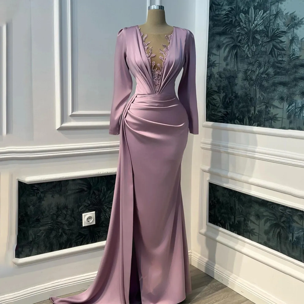 Vintage Lila Ballkleid Langarm Illusion V-Ausschnitt Meerjungfrau Abendkleid Bodenlang Y6647