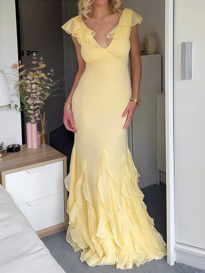 Elegantes gelbes Chiffon-Meerjungfrau-Rüschen-Abendkleid, langes Abendkleid Y8073