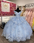 Wunderschönes blaues schulterfreies Tüll-Applikationen-Ballkleid-Geburtstags-Quinceanera-Kleid Y7835