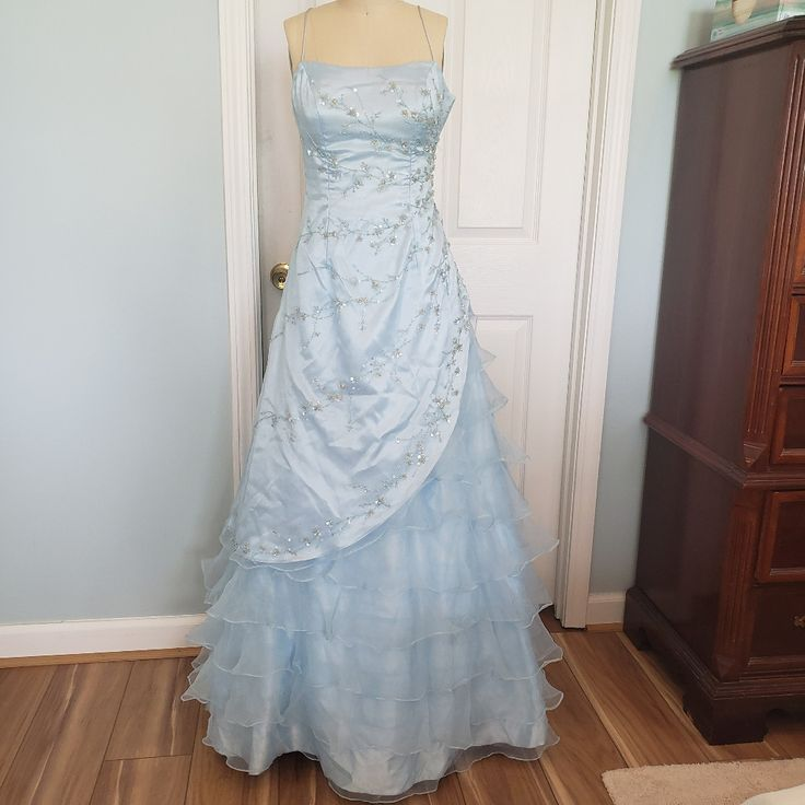 Elegante vestido de fiesta azul hielo con lentejuelas y cuentas, vestido de fiesta de tul en capas, corte A, Y7931