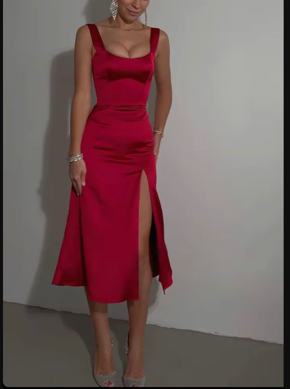 Mittellanges Cocktailkleid mit Schlitz vorne, langes Partykleid, kurzes Satin-Ballkleid Y695