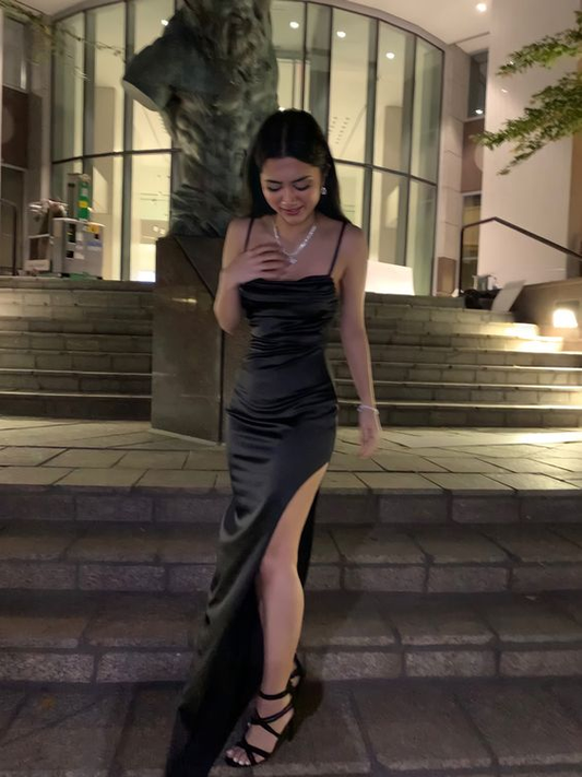 Vestido de noche negro con tirantes finos, vestido de fiesta sexy Y427