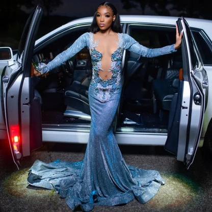 Wunderschönes blaues Satin-Abendkleid mit Perlenapplikationen, sexy, rückenfreies Meerjungfrau-Abendkleid Y7949