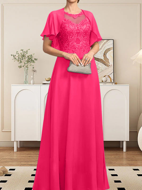 Vestido de gasa con encaje y lentejuelas para madre de la novia, corte A, escote ilusión, largo hasta el suelo