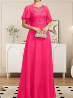 Vestido de gasa con encaje y lentejuelas para madre de la novia, corte A, escote ilusión, largo hasta el suelo