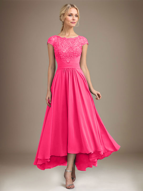 A-line Scoop Illusion Asymmetrical Lace Chiffon Mother of the Bride Dress With Pleated