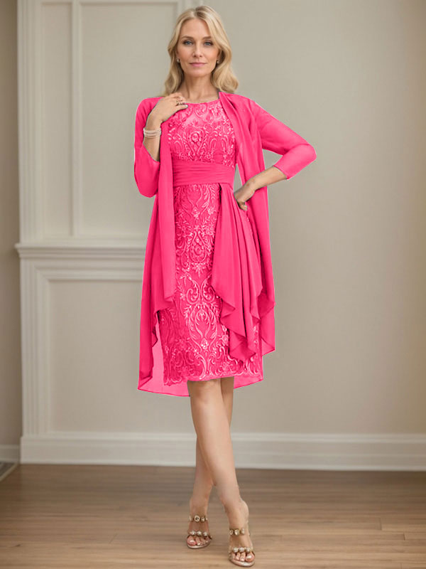 Vestido de madre de la novia de gasa con encaje, escote redondo, ilusión, largo hasta la rodilla, con volantes en cascada y lentejuelas