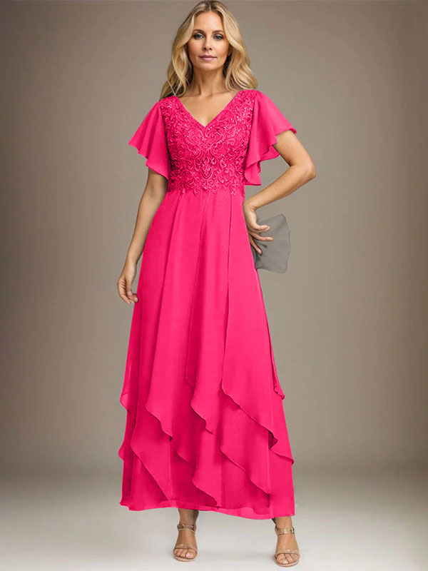 Vestido de gasa con encaje y escote en V hasta los tobillos para madre de la novia con volantes en cascada