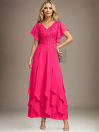 Vestido de gasa con encaje y escote en V hasta los tobillos para madre de la novia con volantes en cascada