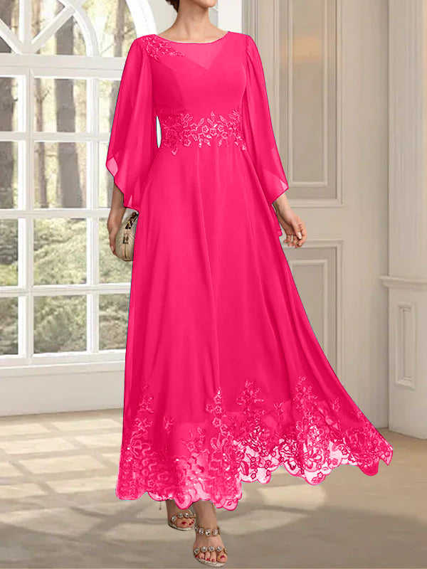 Vestido de gasa con encaje y lentejuelas para madre de la novia, corte A, escote ilusión, largo hasta los tobillos