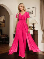 Vestido de noche de gasa con escote en V y largo hasta el suelo, tipo mono/pantalón