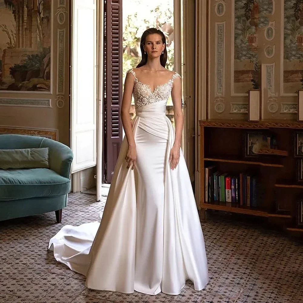 Wedding Dress Stain White Appliques Court Train Pleated Sweetheart Pleat Elegant Vestidos De Fiesta Elegantes Para Mujer 2023-payinti