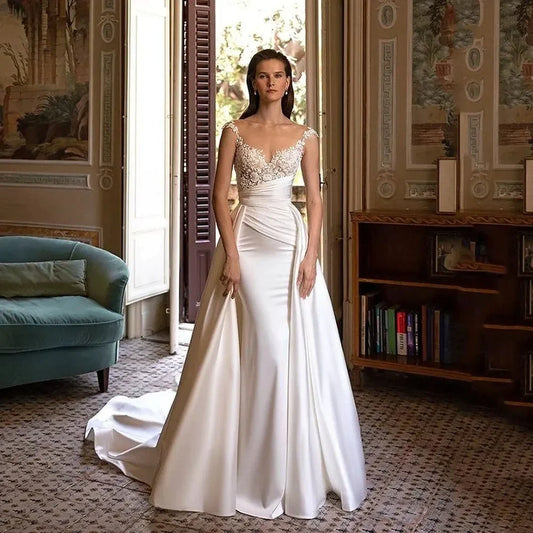 Wedding Dress Stain White Appliques Court Train Pleated Sweetheart Pleat Elegant Vestidos De Fiesta Elegantes Para Mujer 2023-payinti
