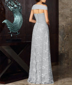 Vestido de gasa para madre de la novia, corte A/princesa, hombros descubiertos, mangas cortas, largo hasta la rodilla, con apliques de encaje
