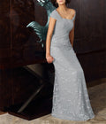 Vestido de gasa para madre de la novia, corte A/princesa, hombros descubiertos, mangas cortas, largo hasta la rodilla, con apliques de encaje