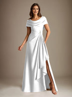 Vestido de madre de la novia de satén elástico, corte A, largo hasta el suelo, con escote redondo y volantes en cascada