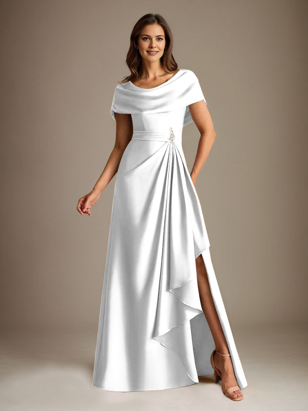 Vestido de madre de la novia de satén elástico, corte A, largo hasta el suelo, con escote redondo y volantes en cascada
