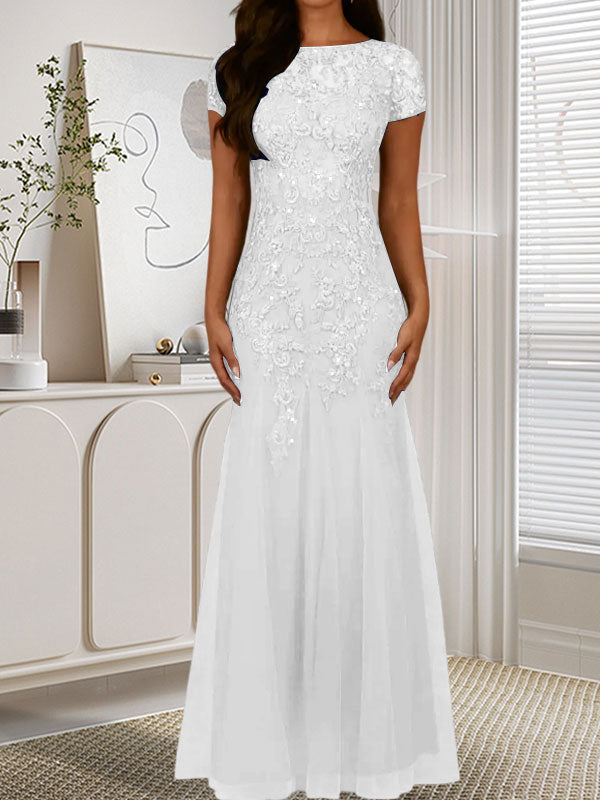 Dark Navy Mermaid Scoop Sequins Tulle Dress