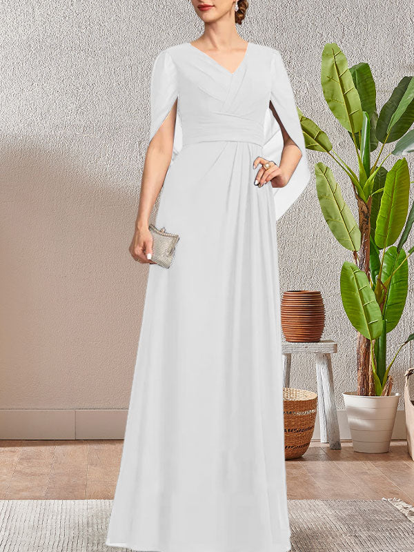 Vestido largo azul marino oscuro con escote en V y corte A para madre de la novia
