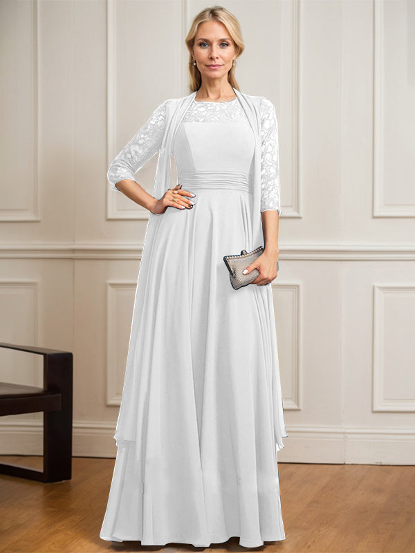Vestido de gasa de encaje con ilusión de corte A hasta el suelo para madre de la novia con pliegues