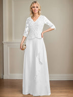 A-Linie V-Ausschnitt Bodenlanges Spitzen-Chiffon-Kleid für die Brautmutter mit kaskadierenden Rüschen und Pailletten 