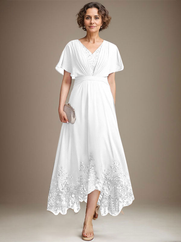 Vestido de madre de la novia de gasa con encaje asimétrico, escote en V y corte A con pliegues