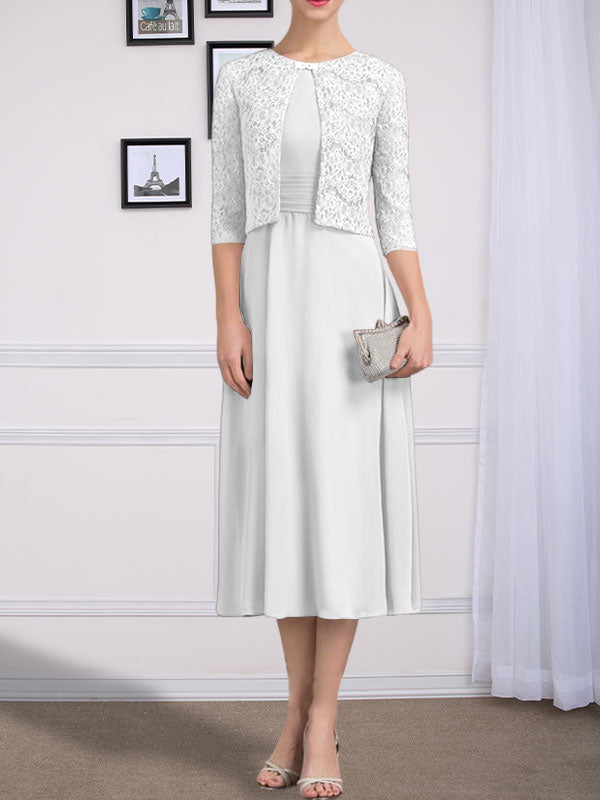 Vestido de gasa para madre de la novia con corte en A, escote redondo y largo hasta la rodilla con pliegues