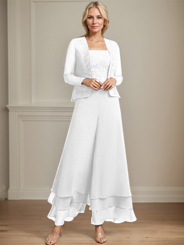 Separates Jumpsuit/Hosenanzug Quadratisches Knöchellanges Spitzenchiffonkleid für die Brautmutter mit Pailletten 