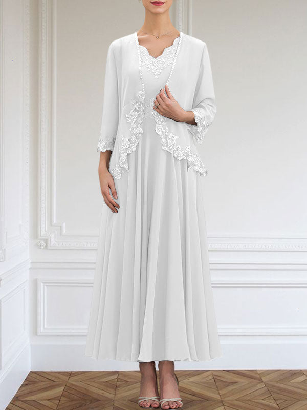 Vestido de gasa para madre de la novia, corte A, escote en V, largo hasta los tobillos, con apliques de lentejuelas, encaje y cuentas