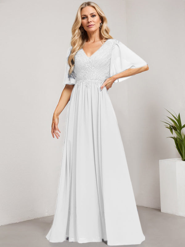 Vestido de madre de la novia de gasa con encaje, escote en V y lentejuelas, largo hasta el suelo