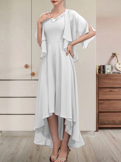 A-Linien-Kleid mit V-Ausschnitt, asymmetrischem Chiffon für die Brautmutter mit Perlen und Pailletten