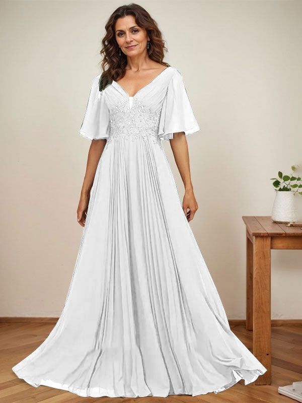 Vestido de gasa para madre de la novia, corte A, escote en V, largo hasta el suelo, con apliques de lentejuelas y encaje plisado