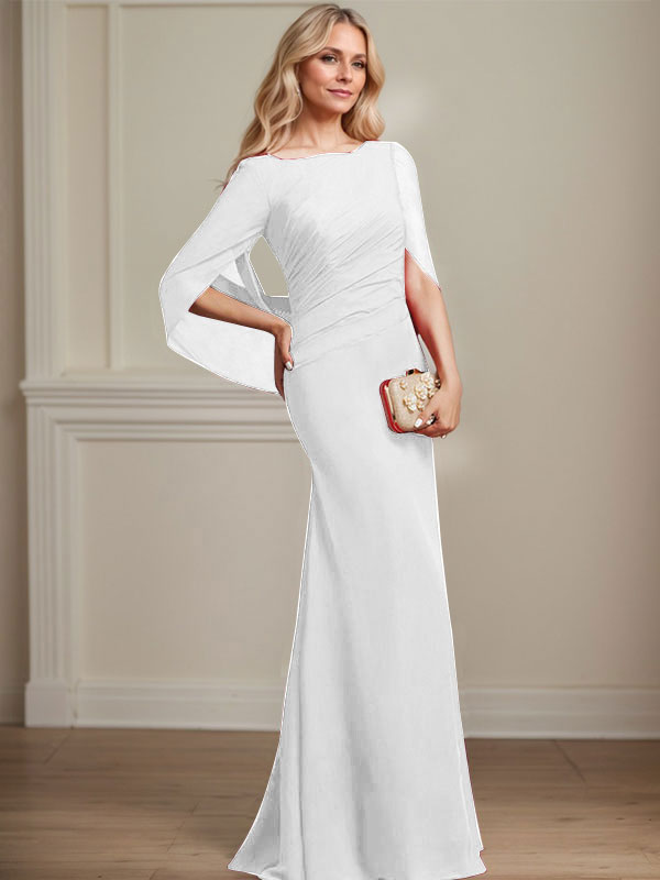 Vestido de madre de la novia de gasa con escote barco, corte trompeta/sirena, largo hasta el suelo, con pliegues