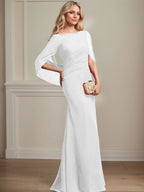 Vestido de madre de la novia de gasa con escote barco, corte trompeta/sirena, largo hasta el suelo, con pliegues