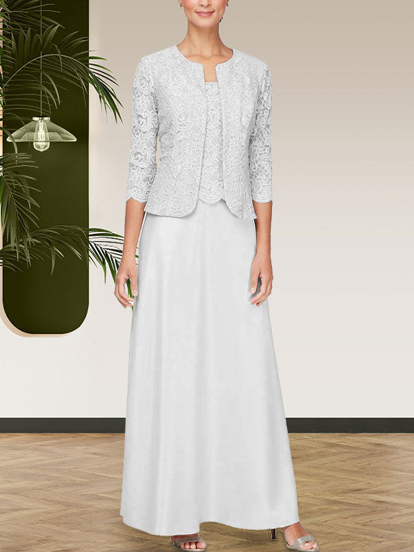 Jackenkleid aus Glitzerspitze und Satinrock mit offener Jacke