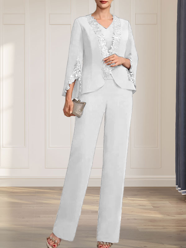 Vestido de gasa para madre de la novia, con escote en V y largo hasta el suelo, de mono/pantalón separado