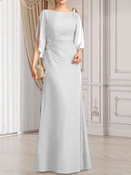 Vestido de gasa para madre de la novia con corte tubo/columna, escote redondo y largo hasta el suelo, con cuentas plisadas