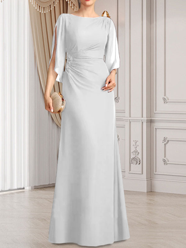 Vestido de gasa para madre de la novia con corte tubo/columna, escote redondo y largo hasta el suelo, con cuentas plisadas