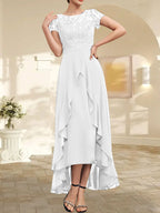 Vestido de madre de la novia de gasa asimétrica con escote en A, ilusión, encaje, lazo, volante y lentejuelas