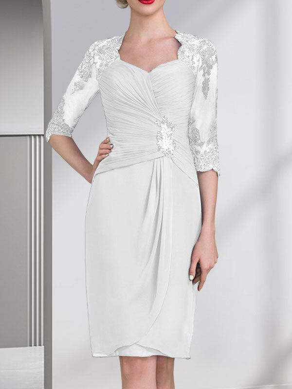 Vestido de gasa para madre de la novia con escote corazón, largo hasta la rodilla, con apliques de cuentas, encaje y lentejuelas plisado.