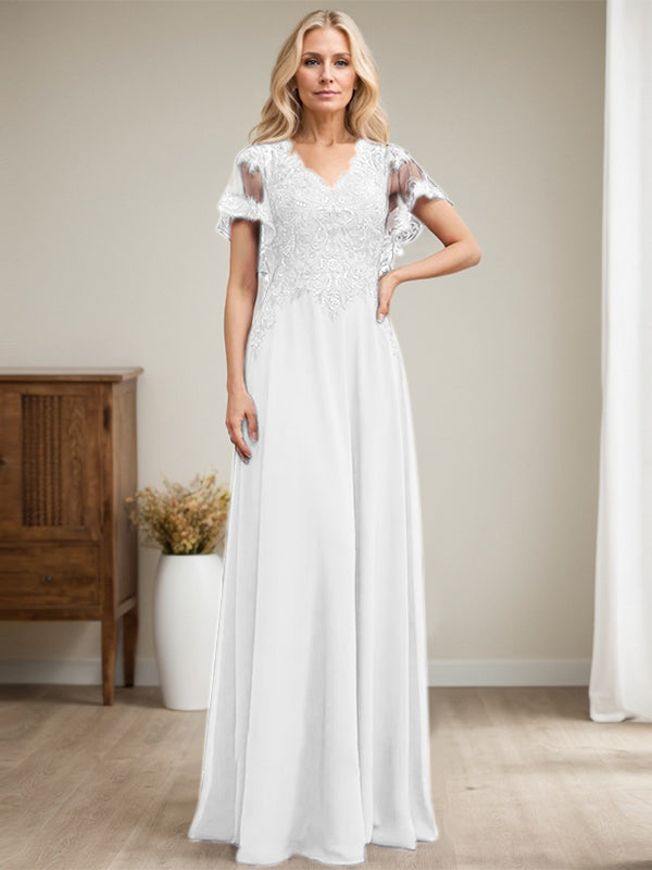 Vestido de madre de la novia de gasa con encaje, escote en V y lentejuelas, largo hasta el suelo