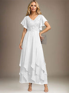 Vestido de gasa con encaje y escote en V hasta los tobillos para madre de la novia con volantes en cascada