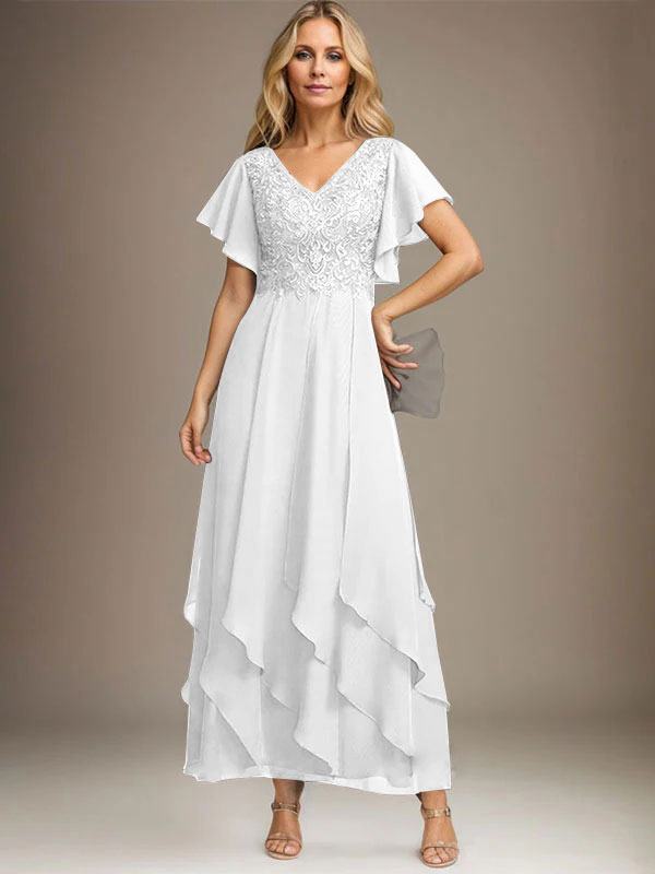 Vestido de gasa con encaje y escote en V hasta los tobillos para madre de la novia con volantes en cascada