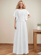 Vestido de gasa con encaje y lentejuelas para madre de la novia, corte A, escote ilusión, largo hasta el suelo