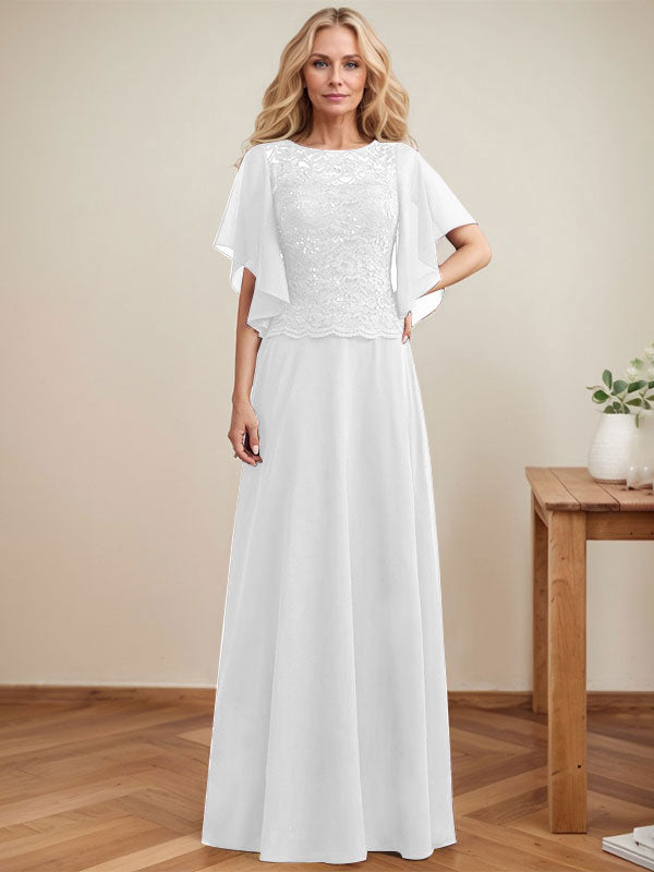 Vestido de gasa con encaje y lentejuelas para madre de la novia, corte A, escote ilusión, largo hasta el suelo