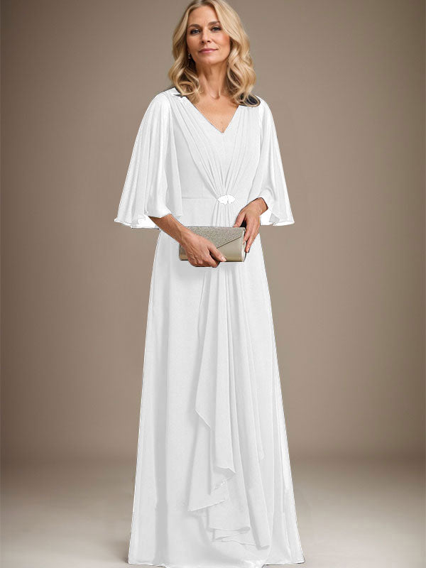 Vestido de gasa para madre de la novia, corte A, escote en V, largo hasta el suelo, con volantes en cascada y broche de cristal