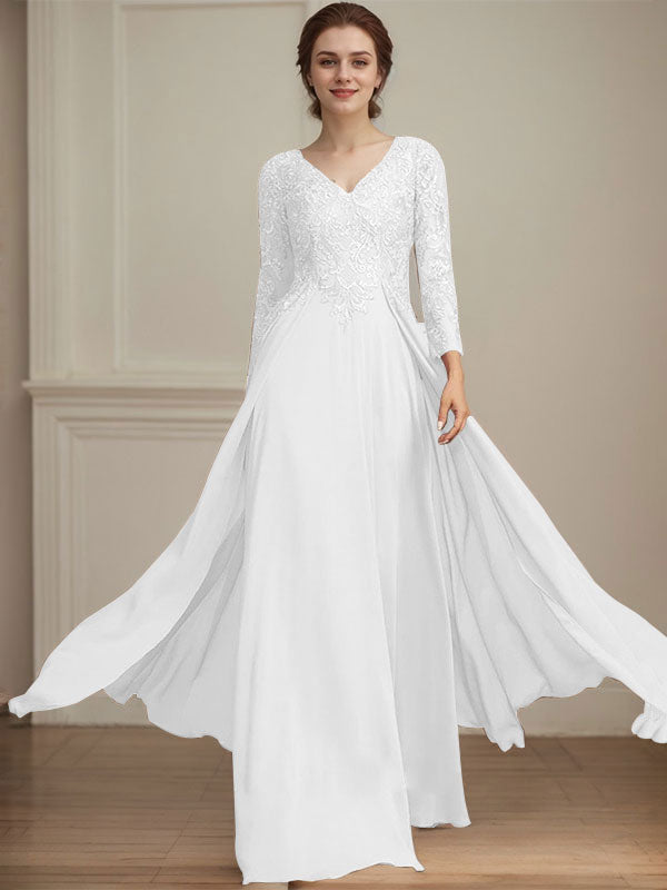 Vestido de madre de la novia de gasa con encaje, escote en V y lentejuelas, largo hasta el suelo