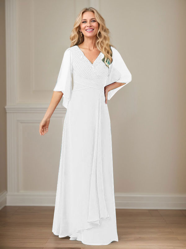 A-Linie V-Ausschnitt Lange Pailletten Chiffon Mutterkleid