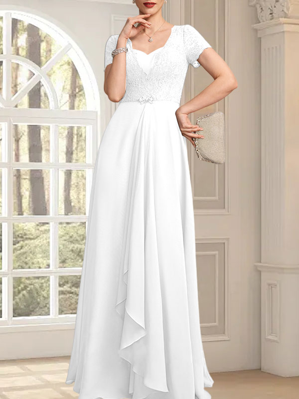 Vestido de madre de la novia de gasa con encaje, corte en A, escote corazón, largo hasta el suelo, con volantes en cascada y cuentas
